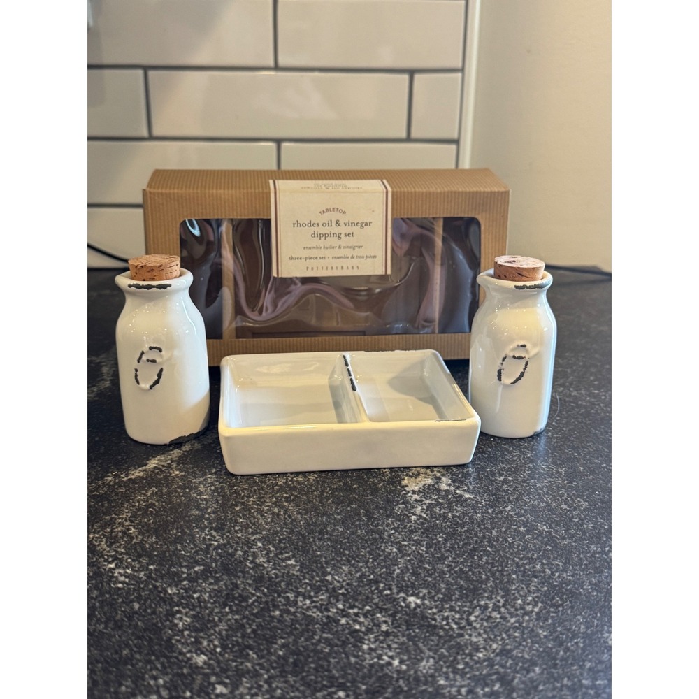 Pottery Barn Rhodes Oil and Vinegar Dipping Set White Ceramic 3 Piece Farmhouse